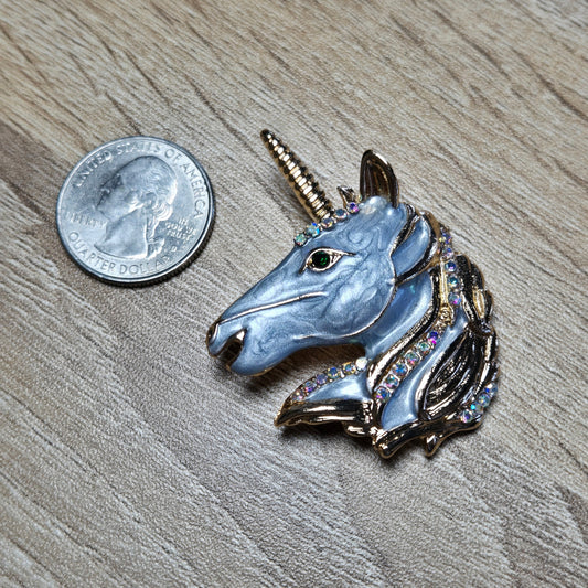 Shimmering Unicorn Head Brooch with Rhinestone Mane