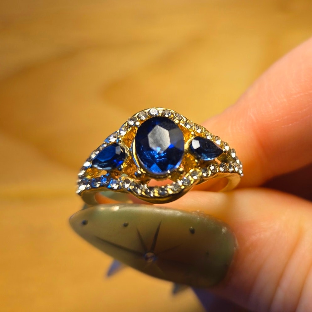Size 8 Blue Sapphire Halo Cocktail Ring – Princess Diana Style Gold Tone