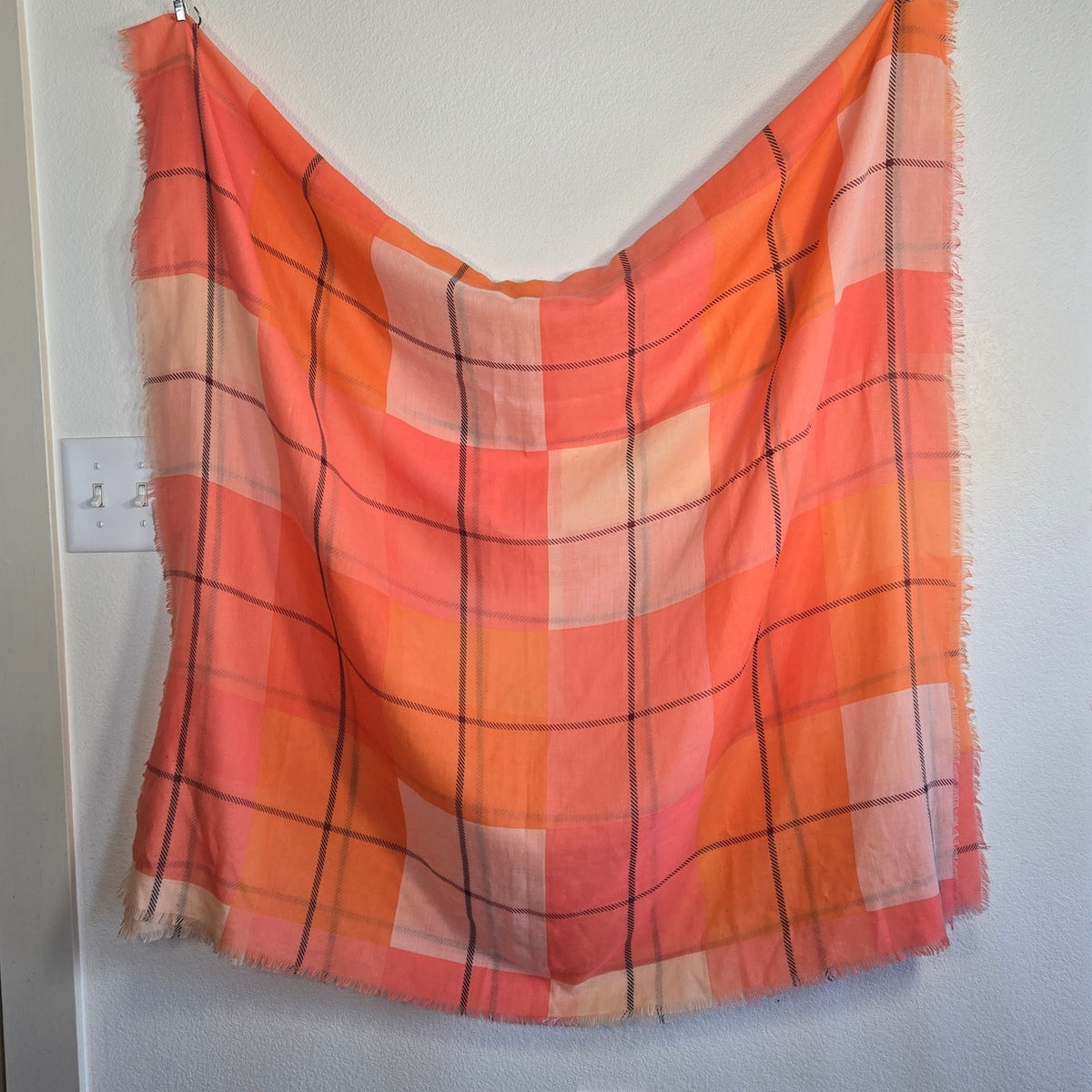 Sunset Plaid Lightweight Scarf – Oversized Peach Coral Check Wrap 40x70”