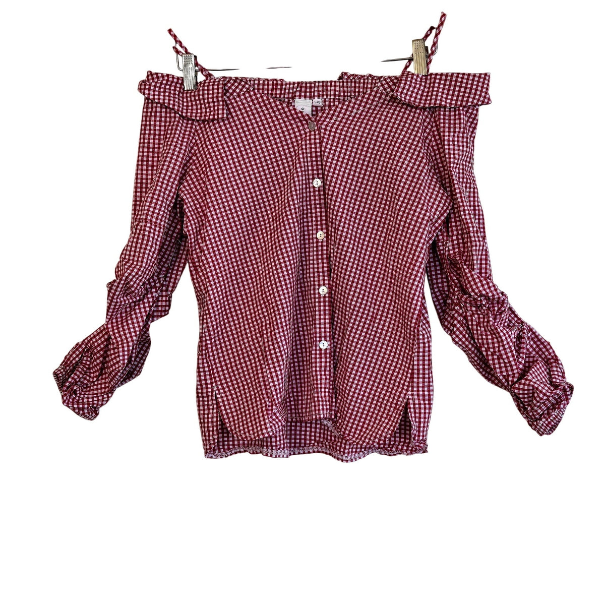 Red and white gingham plaid off the shoulder ruched sleeve cotton top