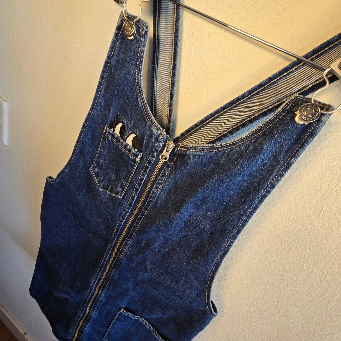 Size L – Eyeball Patch & Zip Front  Denim Utility Mini Dress