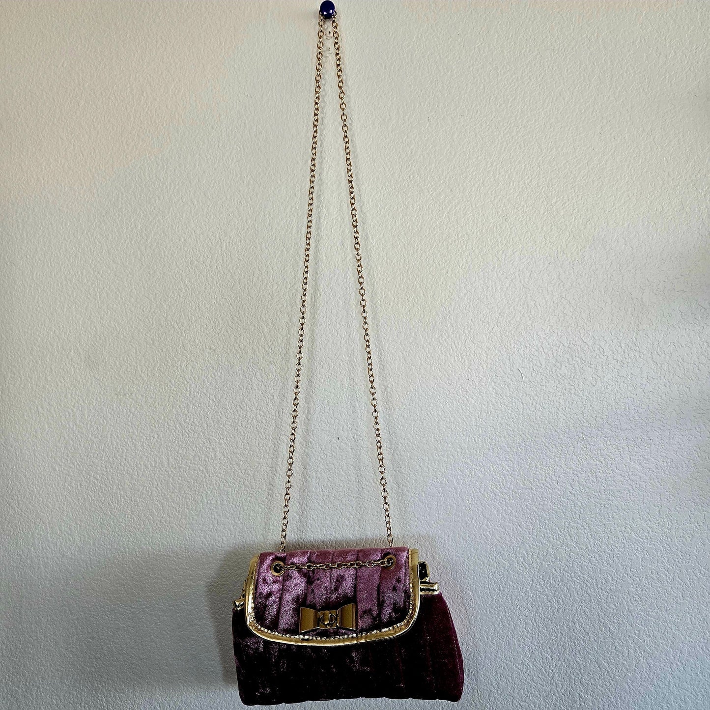 Blush Mauve Velvet Crossbody Metal Bow Shoulder Flap Bag Gold Chain Coquette