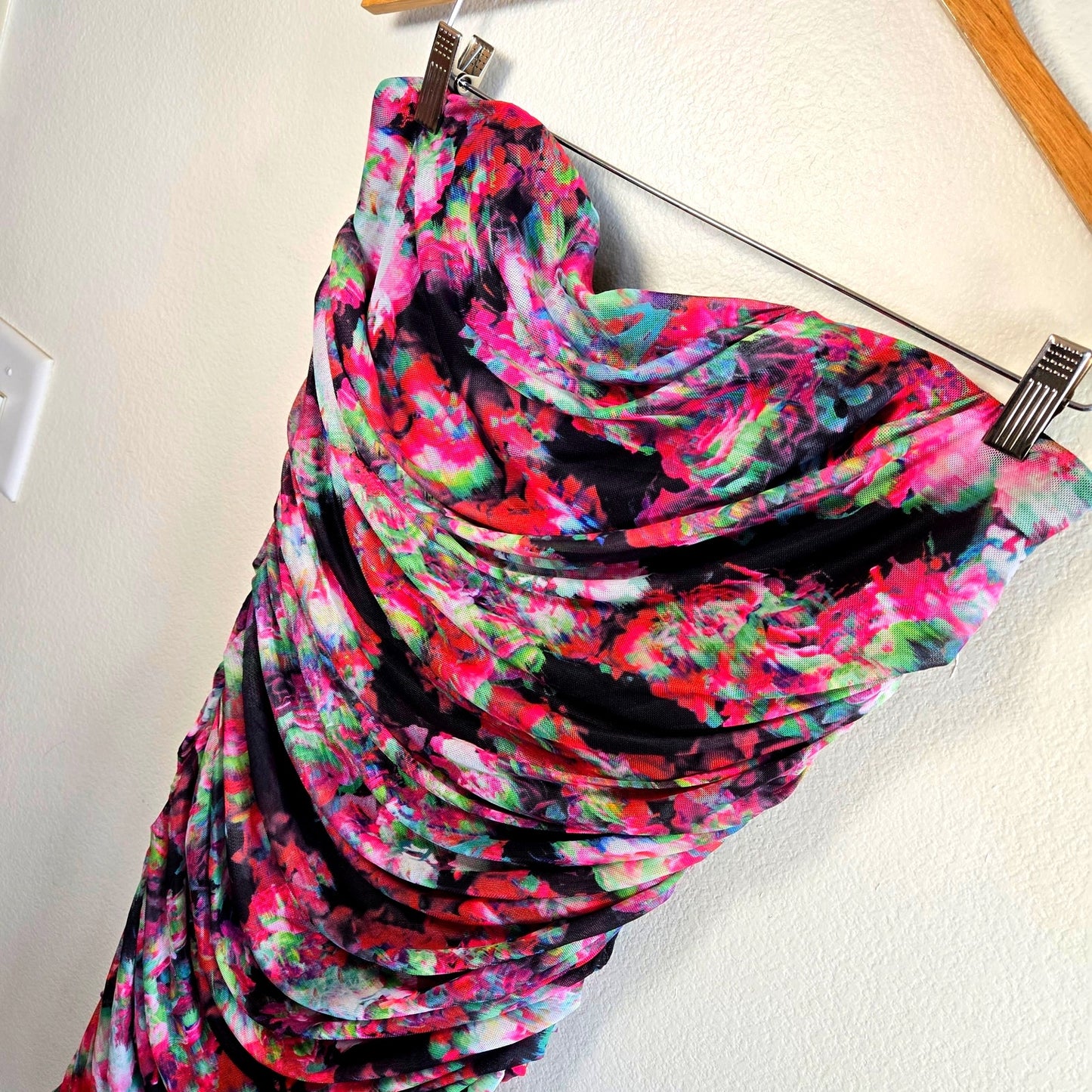 NWT Size L Y2K Steve Madden Neon Floral Ruched Strapless Bodycon Dress