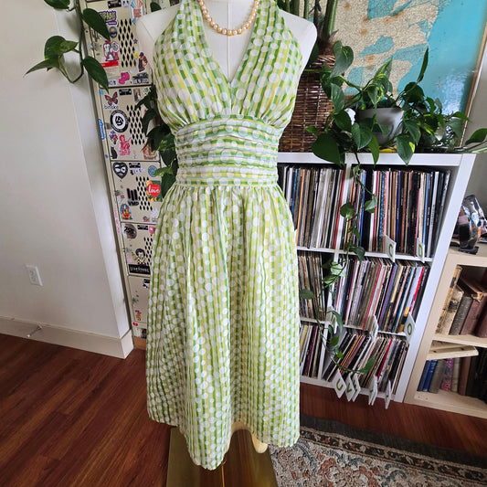 1980S STYLE POLKA DOT GREEN STRIPE HALTER SWING DRESS