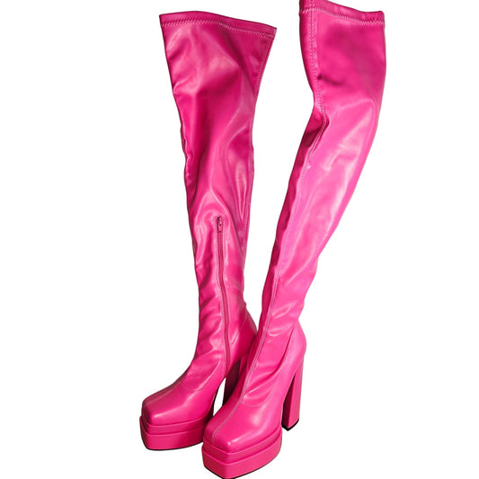 Size 8 Faux Leather Platform Thigh High Sock Boots – Hot Pink (NIB)