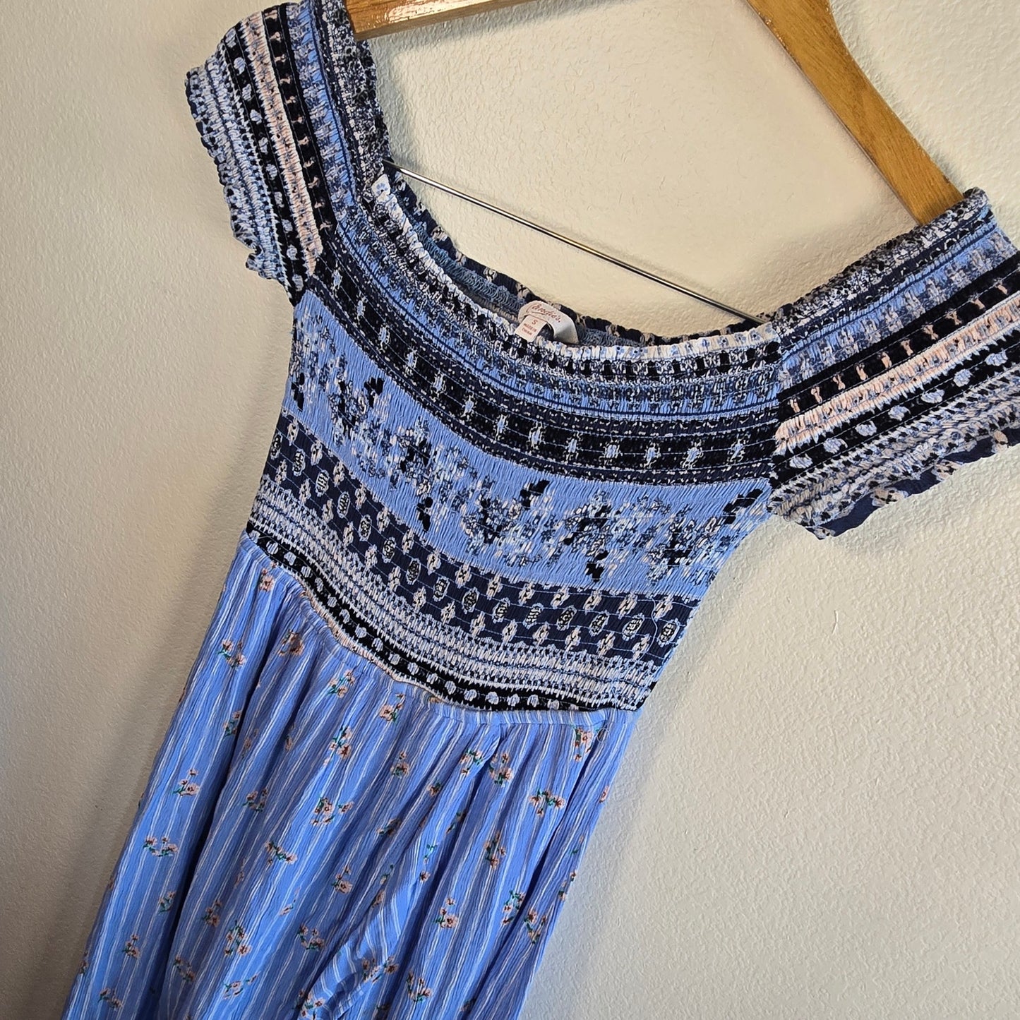 Size S Blue Bohemian Smocked Maxi Skort Dress Off Shoulder