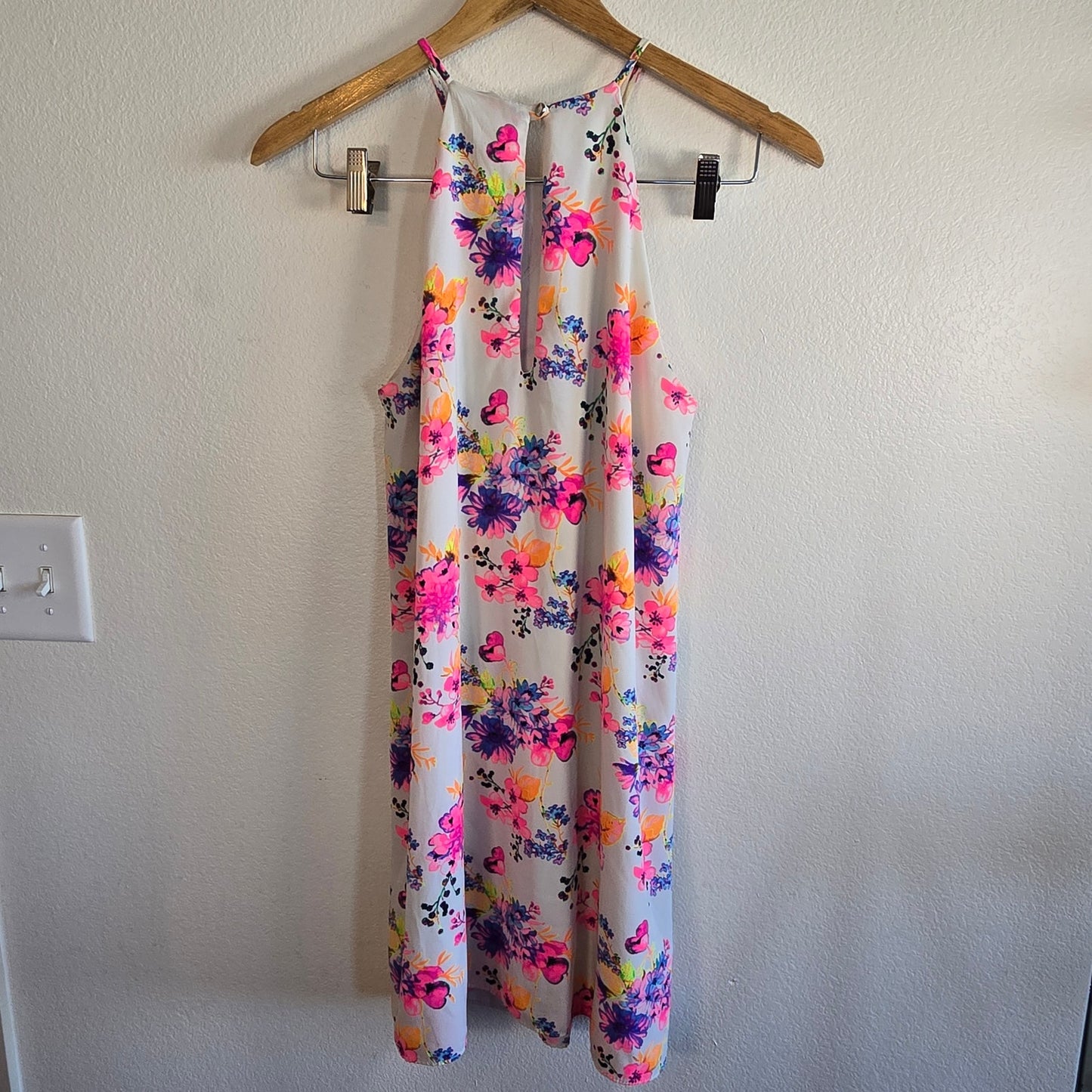 Size M Neon Floral Bohemian Shift Dress Sleeveless Spring Mini