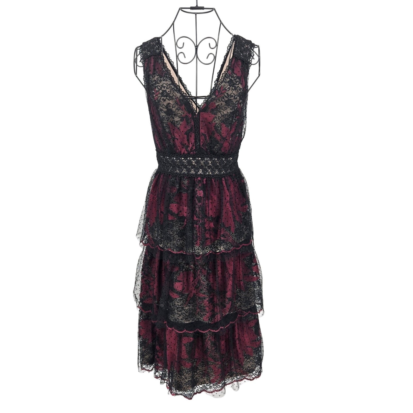 Size 12 BHLDN Burgundy Black Lace Midi Dress Gothic Floral Mesh Party Prom