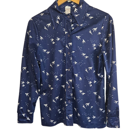 Size Small/Medium - Vintage 1970s Navy & White Bird Print Blouse
