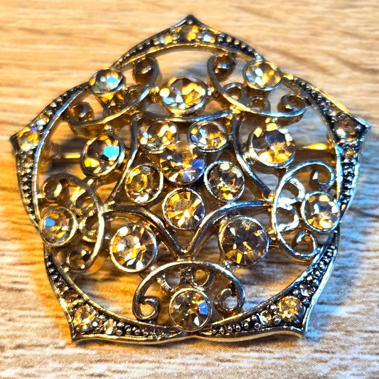 Vintage Monet Gold Tone Rhinestone Filigree Brooch