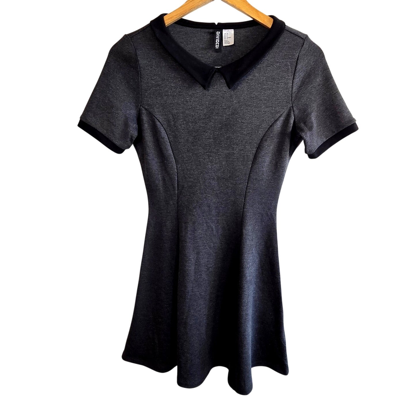 Size 8 Charcoal Peter Pan Collar Mini Dress – 90s Minimalist Office Goth Fit & Flare