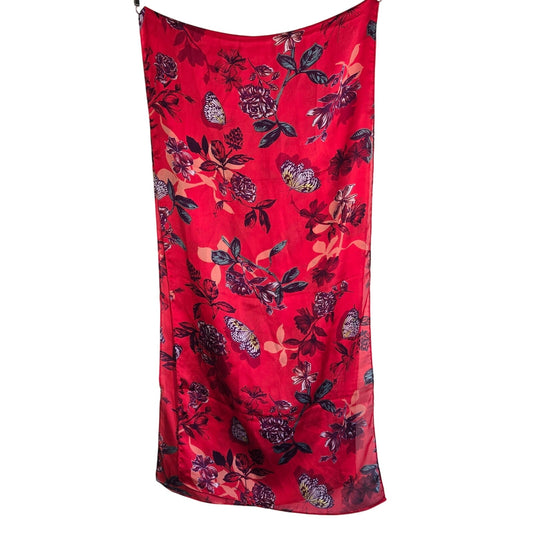 Butterfly Garden Red Floral Scarf – Sheer Lightweight Long Wrap 17x72”
