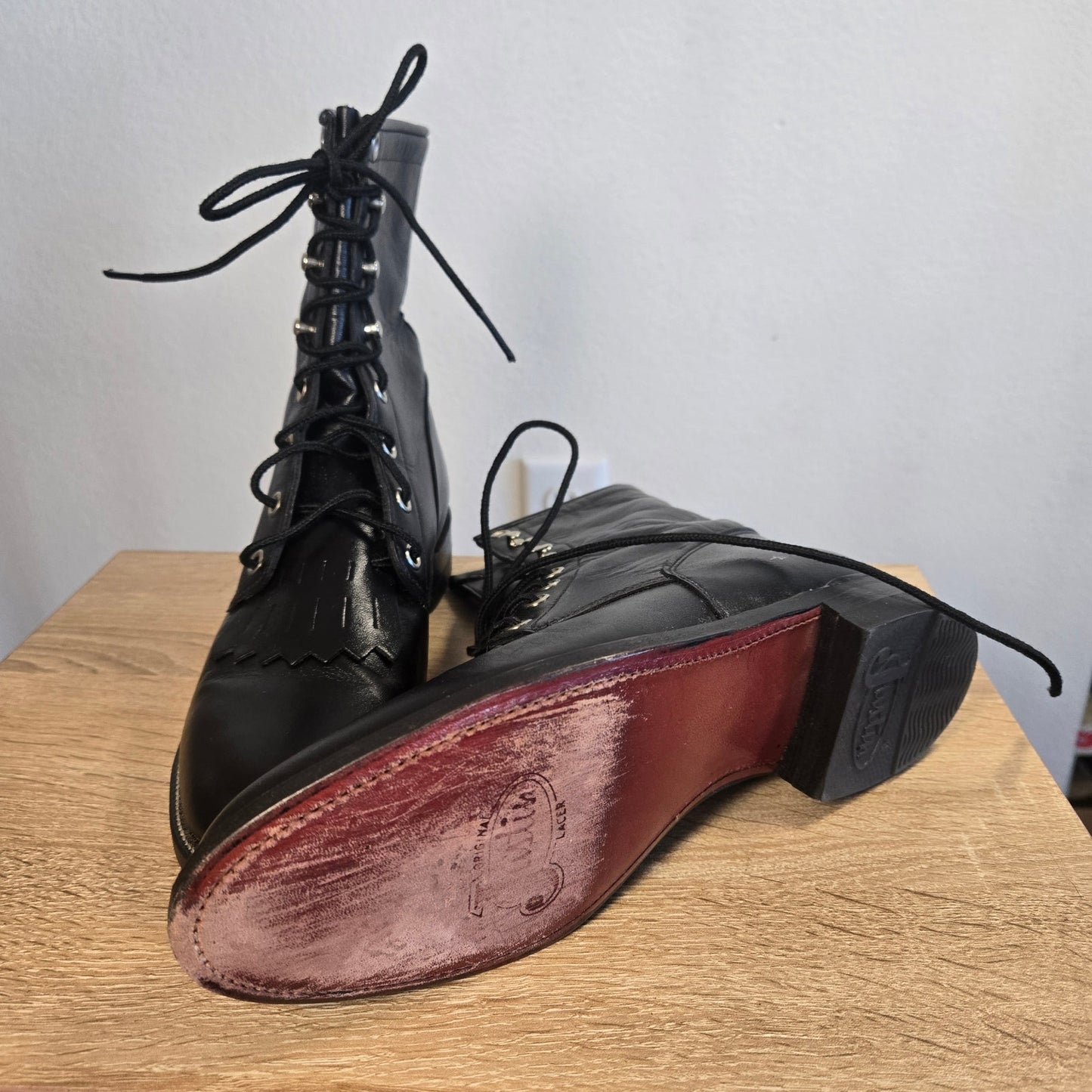 Size 6.5 Justin Black Leather Prairie Boots Kiltie Lace Up Roper Western USA Made