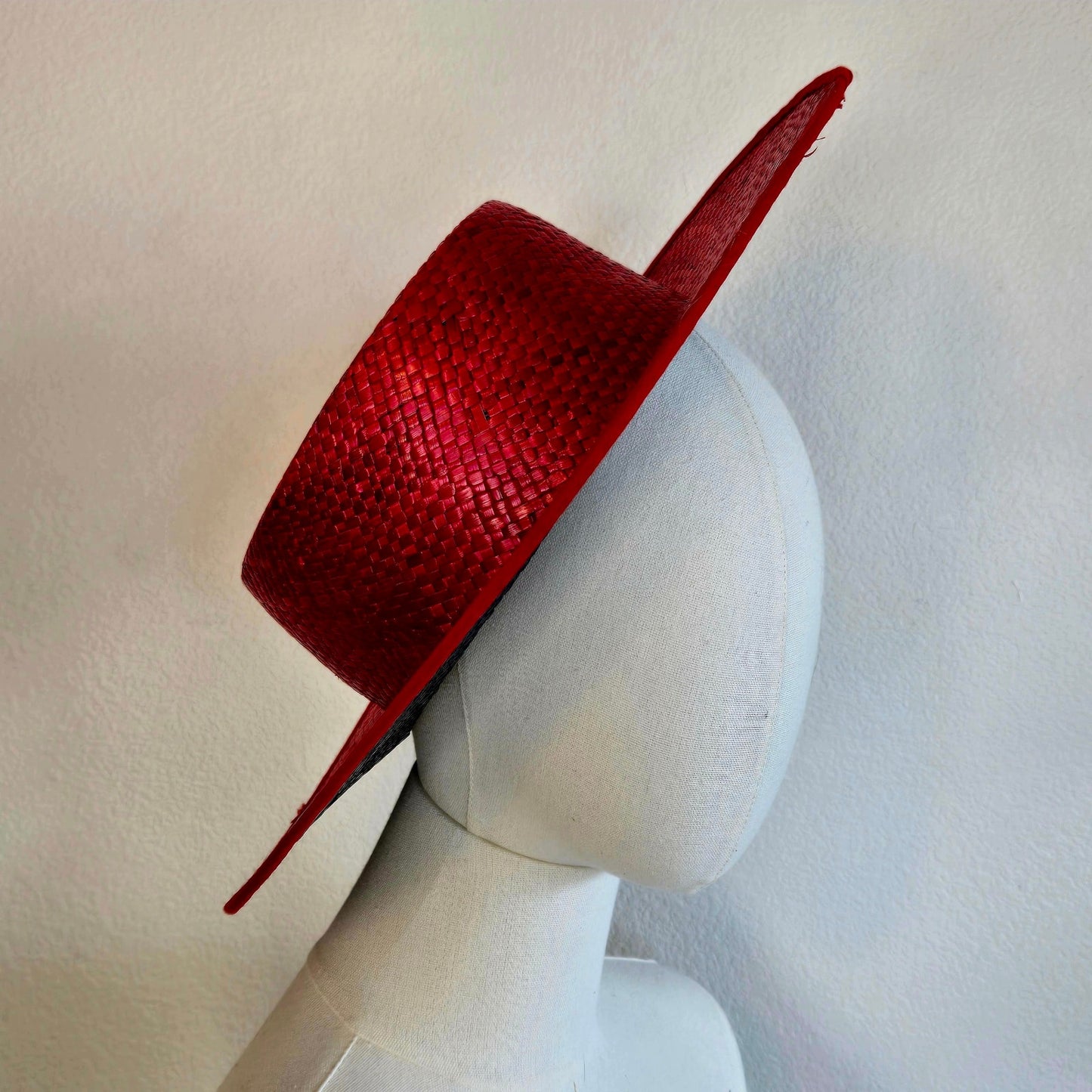Size M – Vintage Red & Navy Natural Fiber Boater Sun Hat
