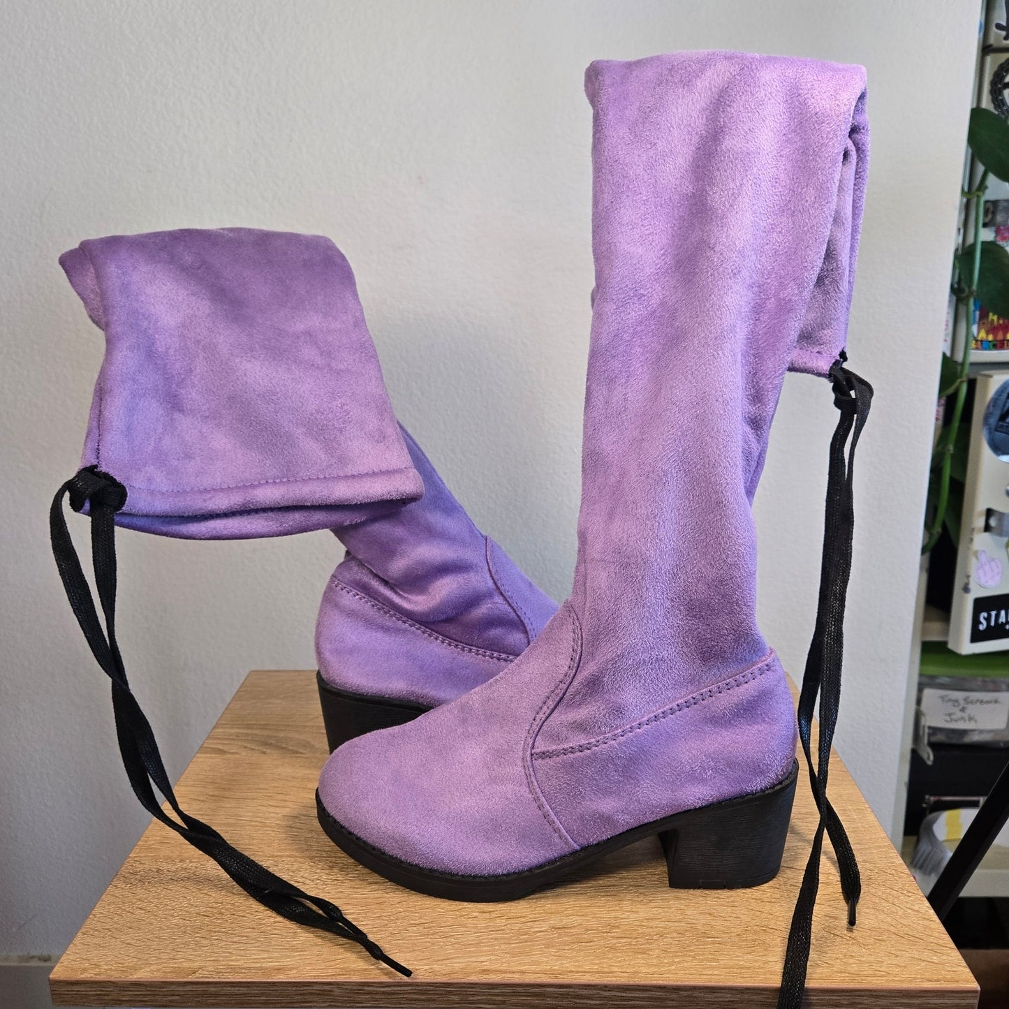 Size 8 Funtasma Lavender Faux Suede Over the Knee Boots Lace Back Stretch Coquette Mod