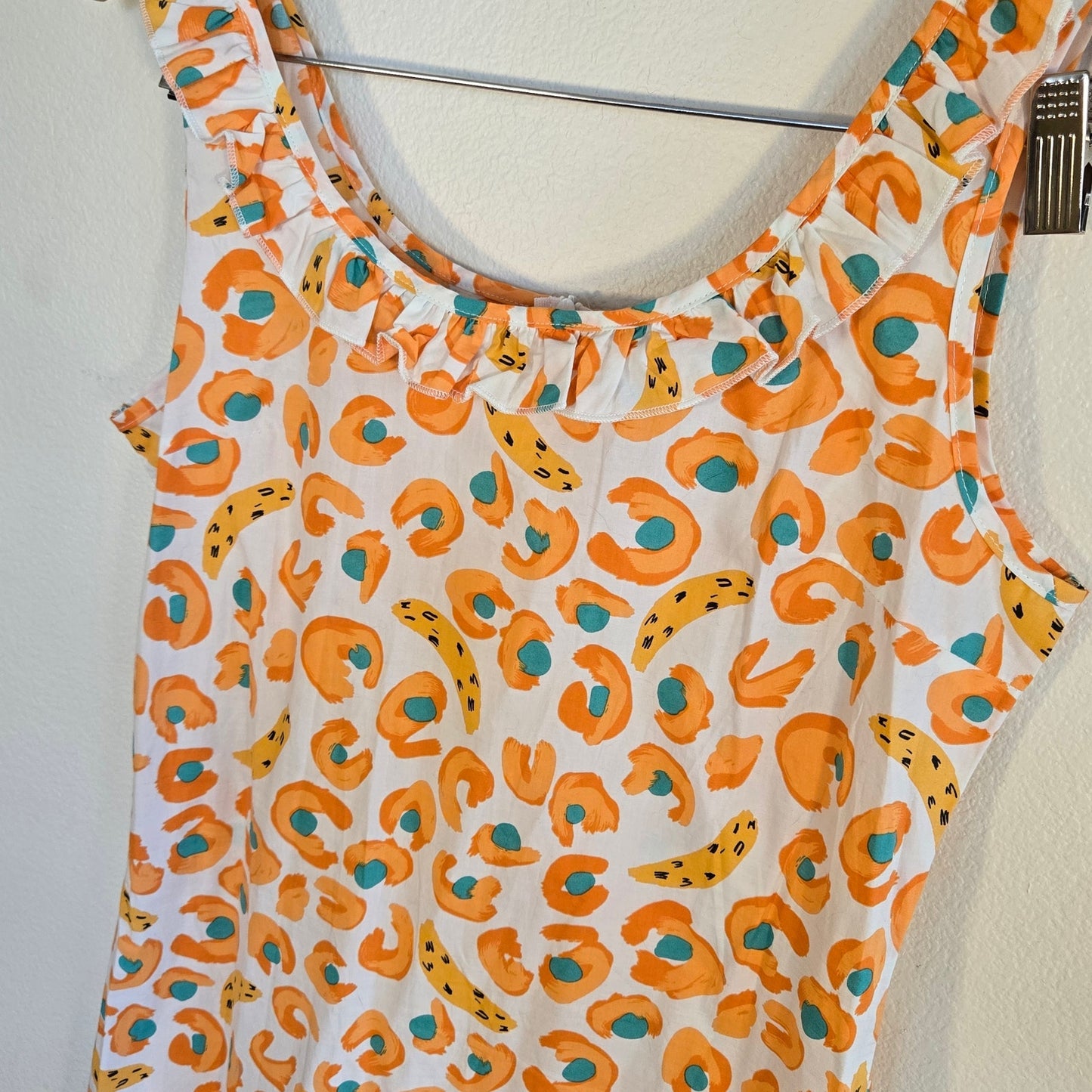 Size Large – Cider White Fruit Print Ruffle-Neck Midi Dress