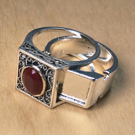 Size 13 | Vintage Silver Red Stone Poison Ring with Hidden Compartment