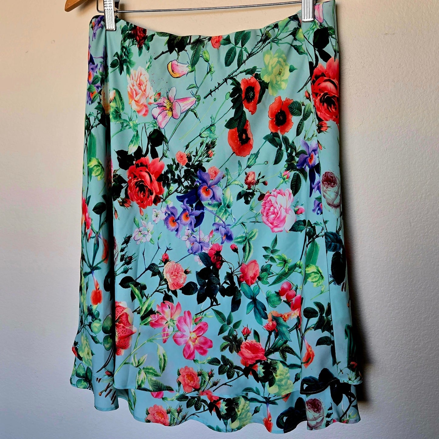 Soft Satin style floral asymmetrical midi skirt layered colorful