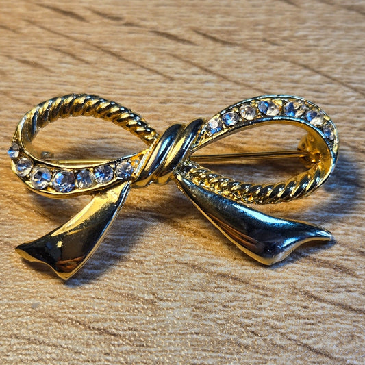Vintage Gold Tone Rhinestone Bow Brooch