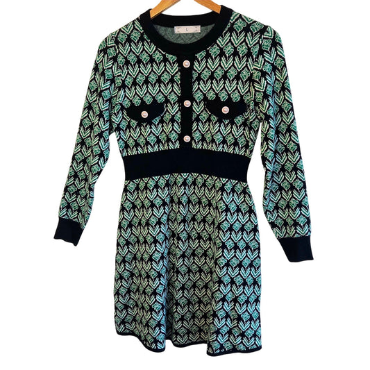 Size L – 60s Revival Green Floral Knit Pearl Button Dress