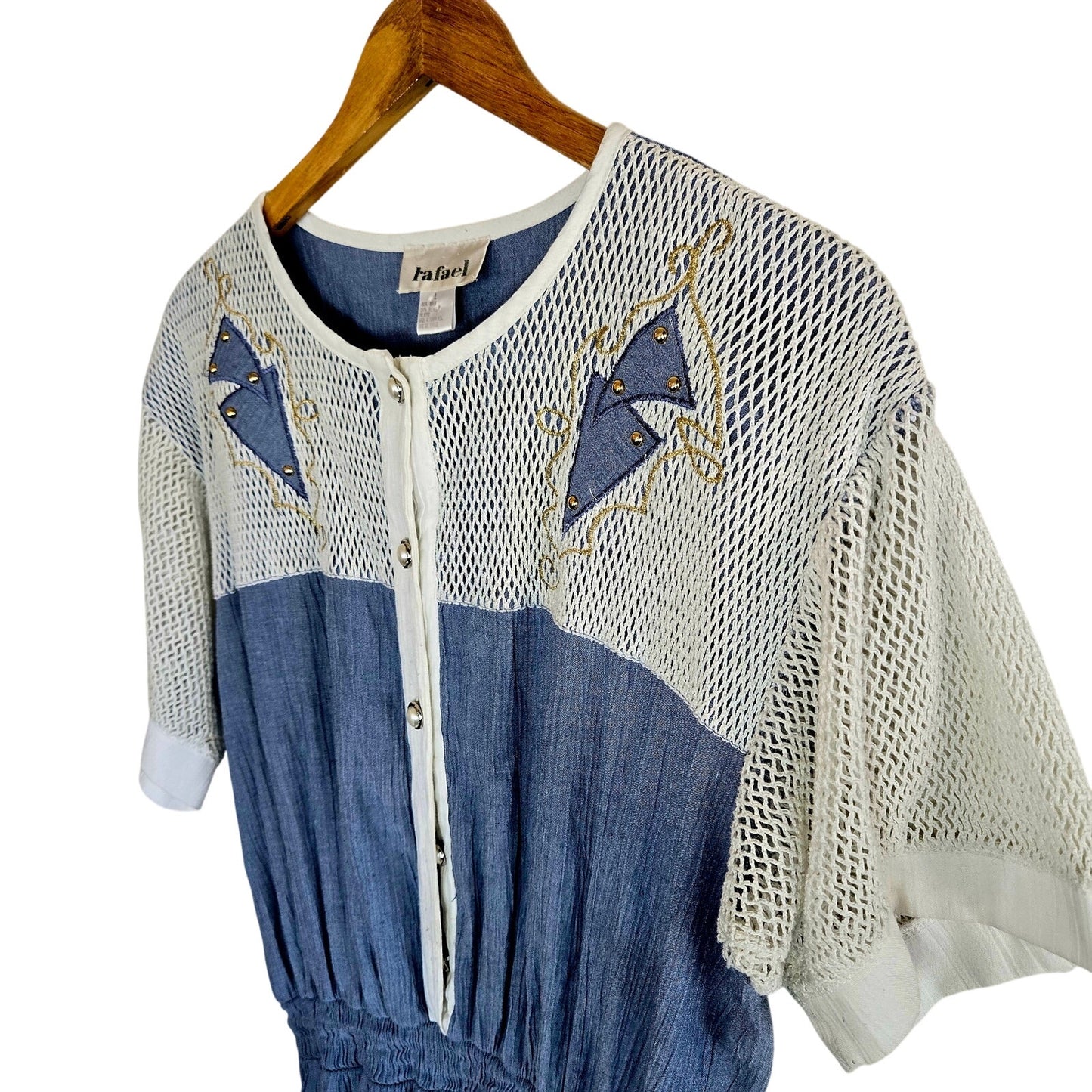 Size L – Vintage 1980s Raphael Denim Blue & White Mesh Romper