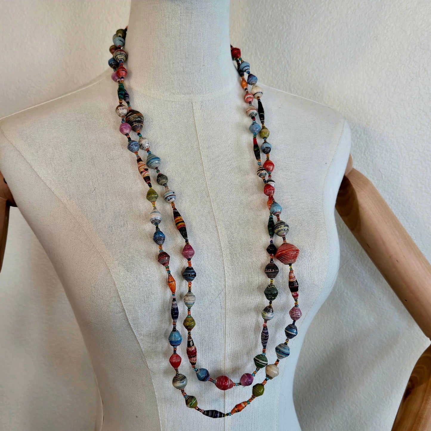Bohemian Paper Beaded double triple strand long colorful necklace art teacher vibes