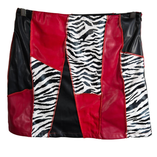 Size L Akira Patchwork Mini Skirt – Faux Leather Zebra + Red + Black