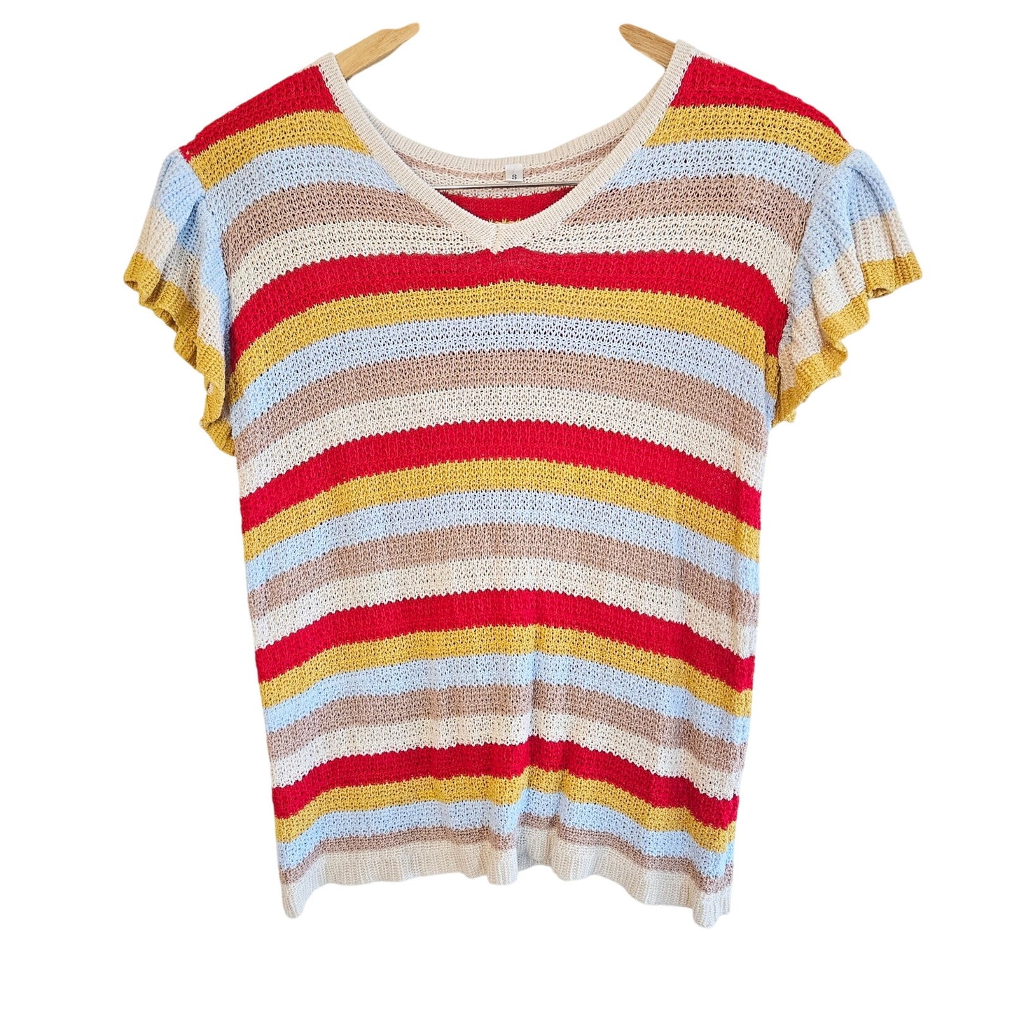 Size S – Rainbow Stripe Neutral Knit Ruffle Sleeve Tee