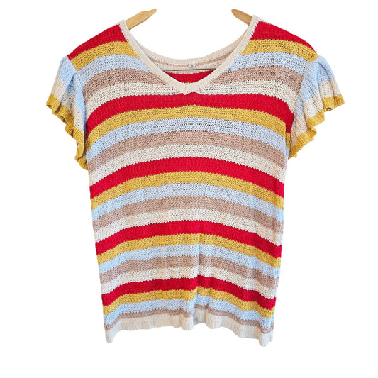Size S – Rainbow Stripe Neutral Knit Ruffle Sleeve Tee