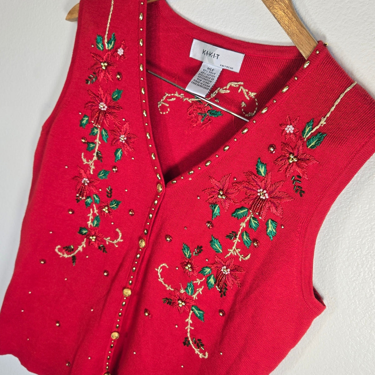 M – Vintage Kikit Knitwear Red Beaded Poinsettia Holiday Sweater Vest