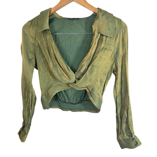 Size M - Milk & Honey Green Satin Criss-Cross Blouse