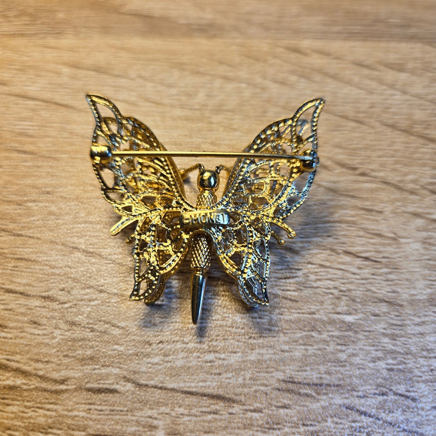 Vintage Gold Tone Butterfly Brooch with 3D Filigree Wings