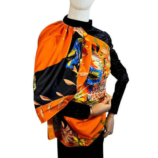 Orange Floral Bouquet & Dragonfly Border 51" x 51" Square Silk Scarf