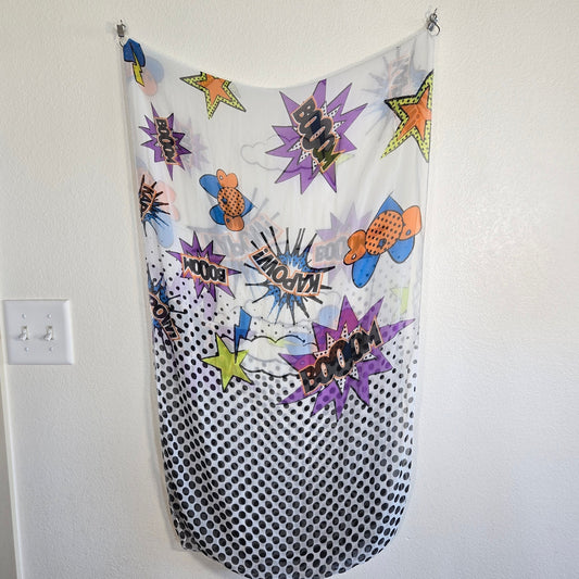 Pop Art Comic Print Sheer Scarf – 20x80” Long | BOOM! KA-POW! Retro Style