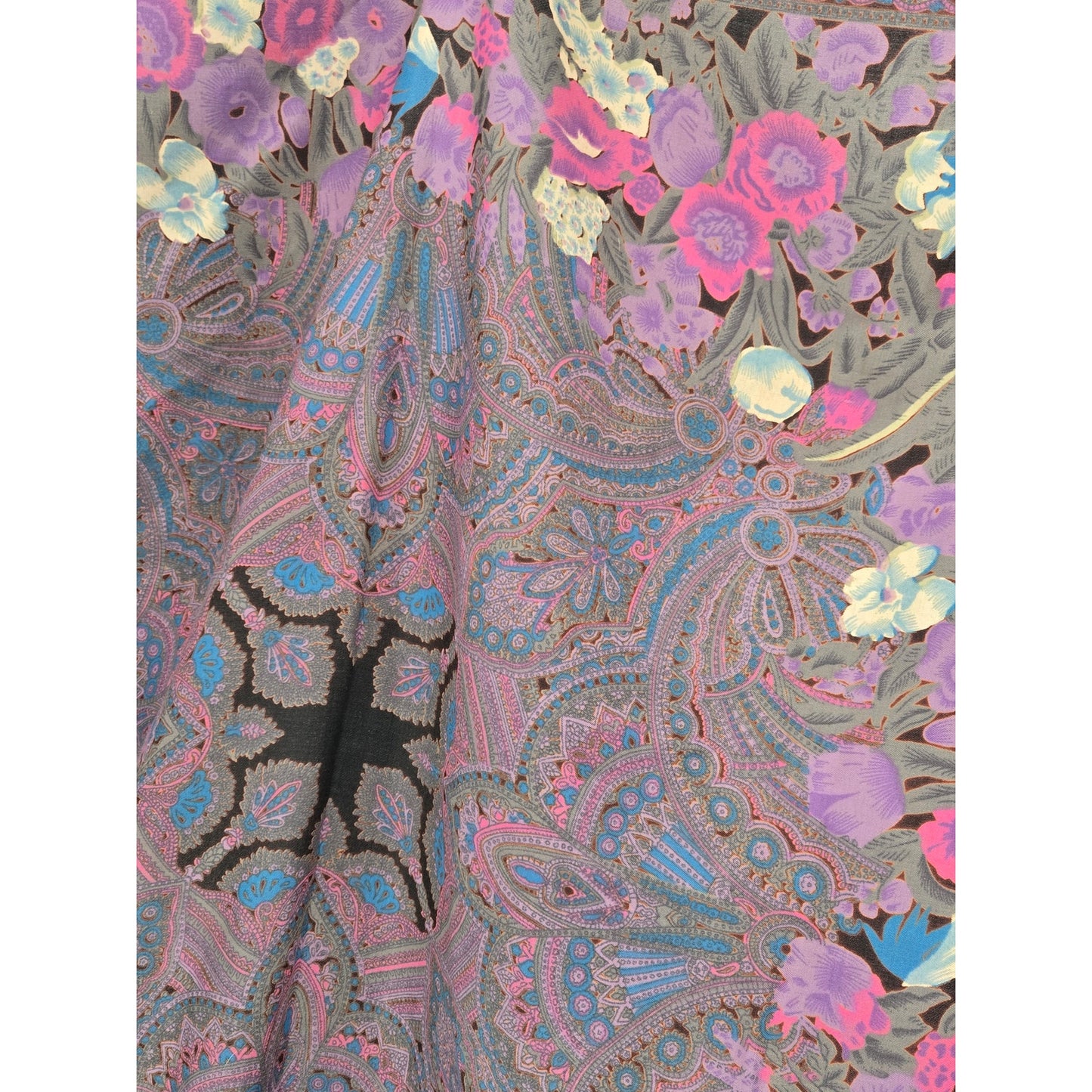 Vintage 46" Lalezar Floral Paisley Fringe Scarf Shawl Black Purple Boho Whimsy Goth