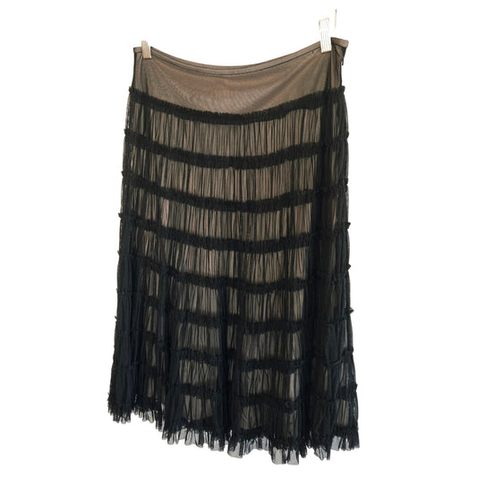 Size 6 –Vintage Y2K Nude Slip Skirt w/ Black Mesh Overlay – Midi Length