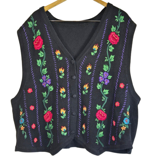 XL – Vintage Black Embroidered Sweater Vest