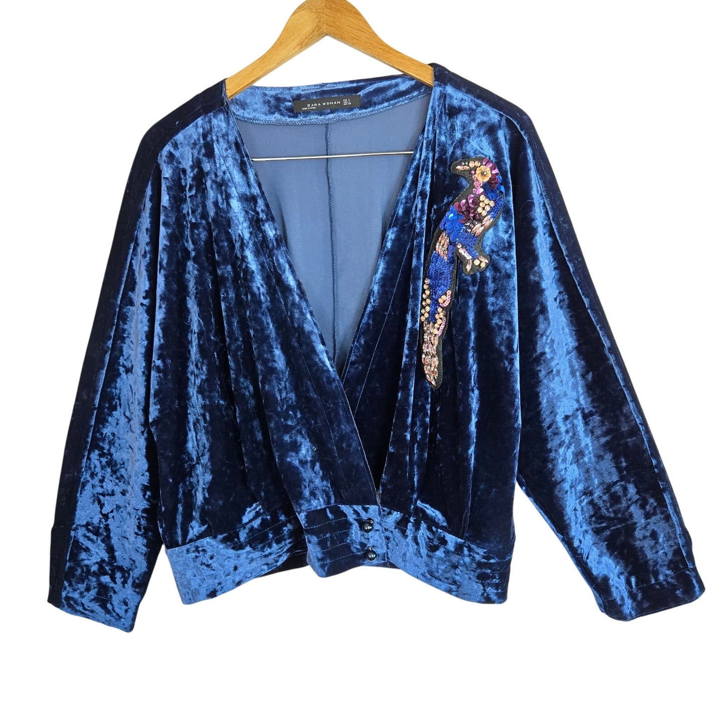 Size L – Zara Woman Velvet Deep-V Cardigan with Sequin Parrot Patch