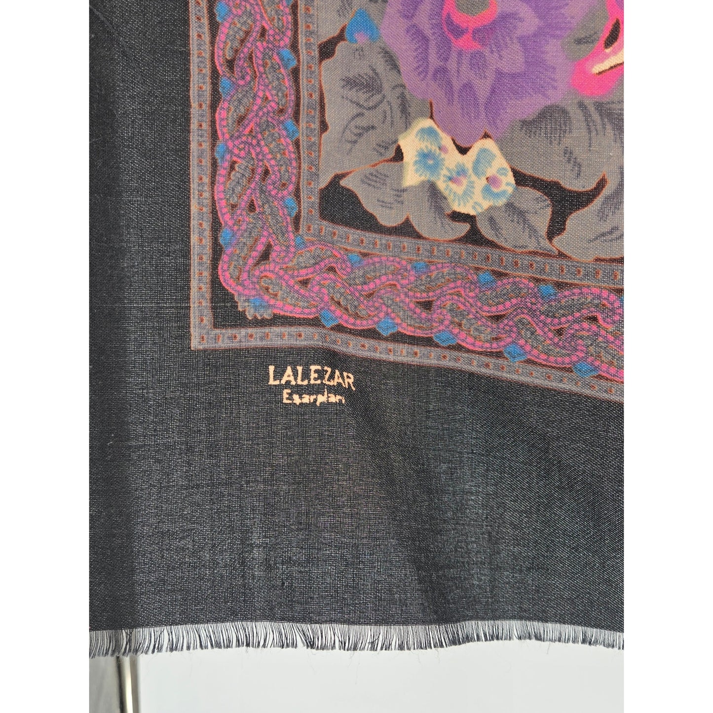 Vintage 46" Lalezar Floral Paisley Fringe Scarf Shawl Black Purple Boho Whimsy Goth