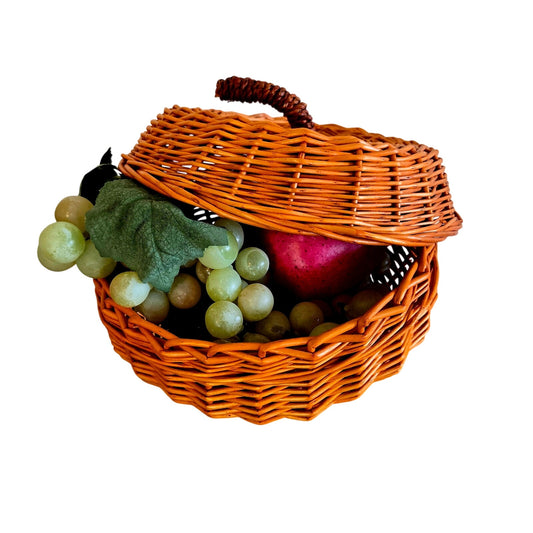 Pumpkin-Shaped Orange Wicker Basket with Lid