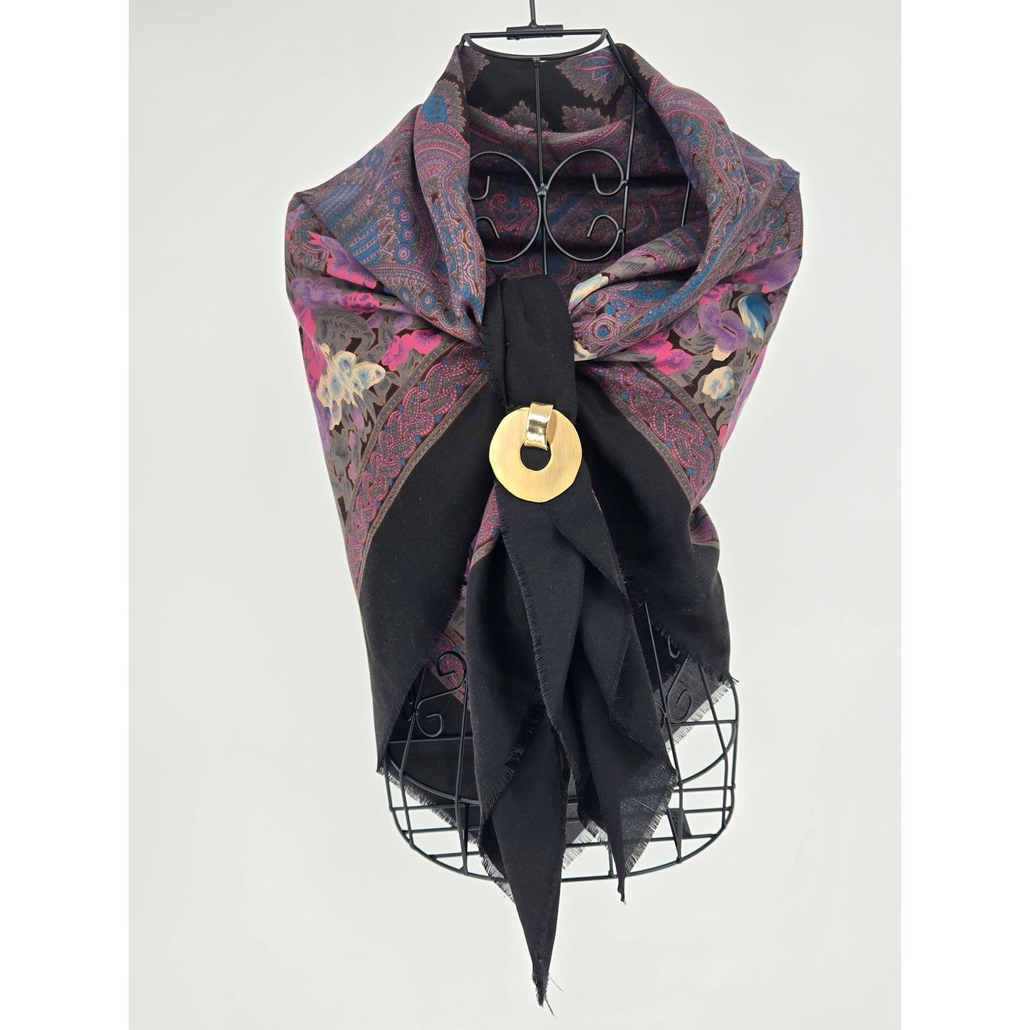 Vintage 46" Lalezar Floral Paisley Fringe Scarf Shawl Black Purple Boho Whimsy Goth