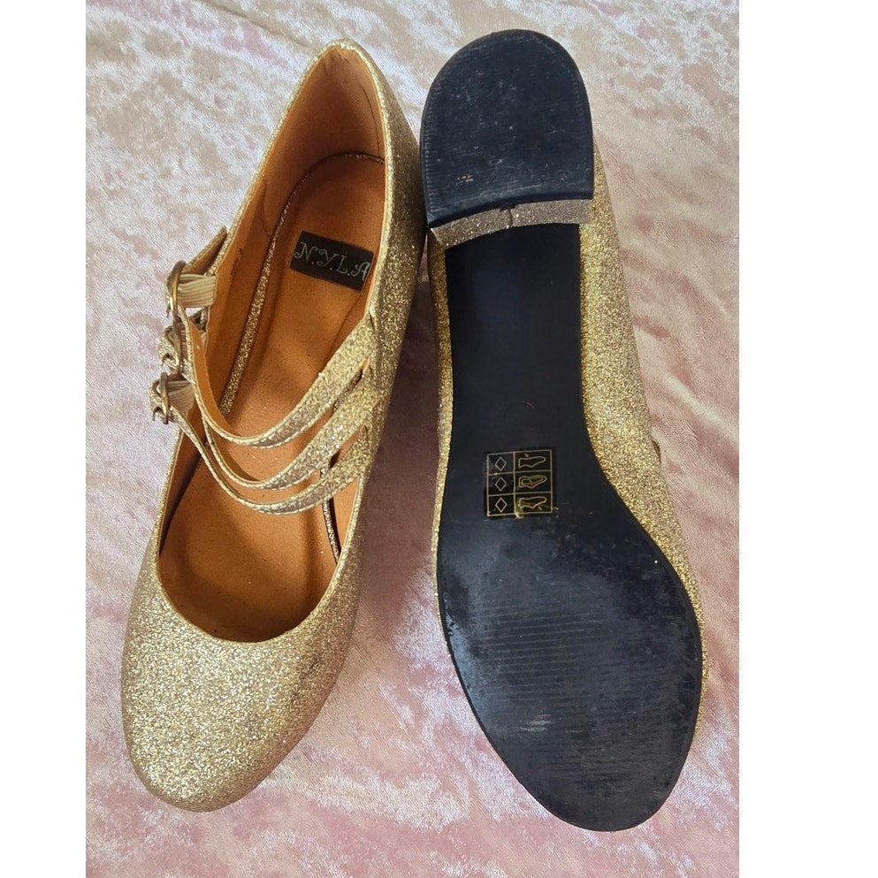 Size 8 Gold Glitter Ballet triple strap round toe flats kitten heel
