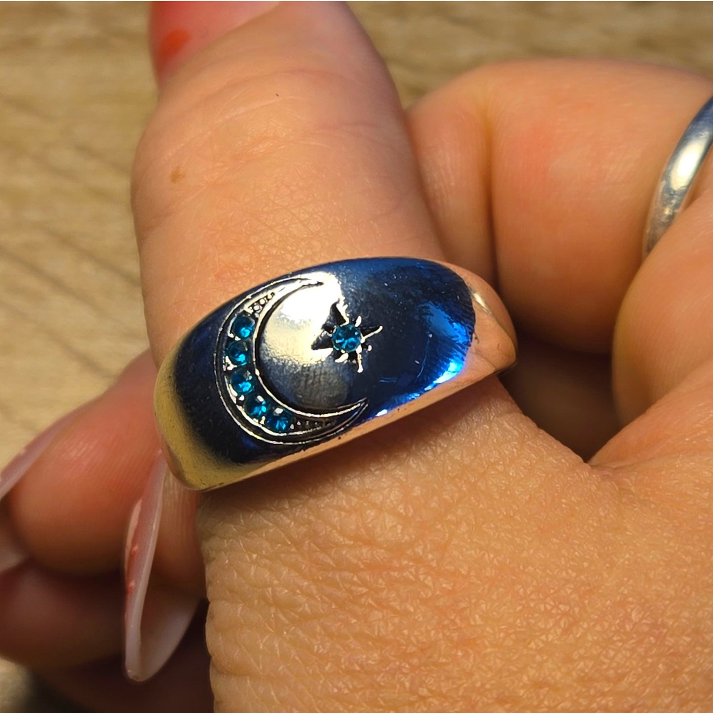 Size 12 Sun Moon Ring Silver Color Inlaid Blue Stones
