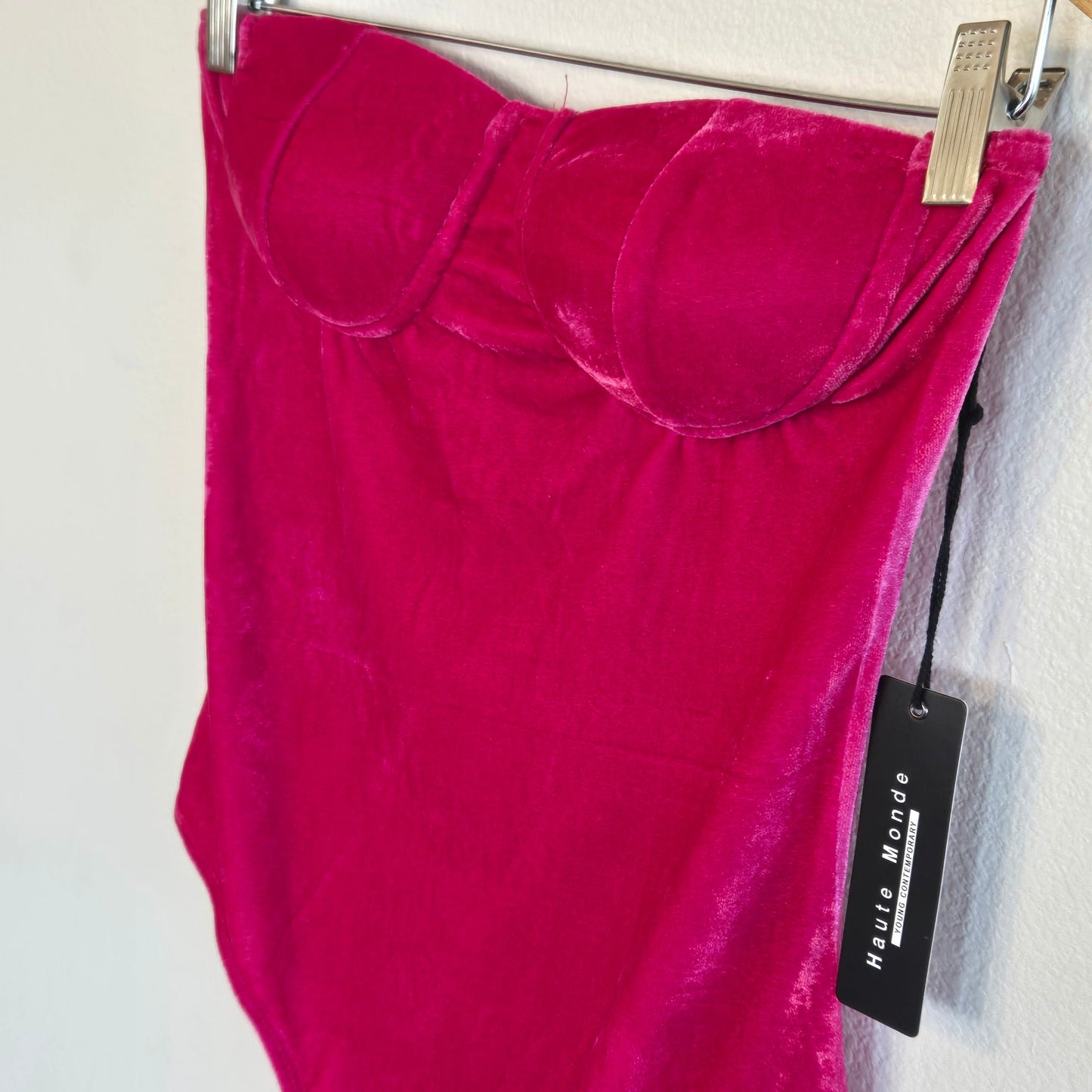 Size M – NWT Haute Monde Strapless Hot Pink Velvet Bodysuit
