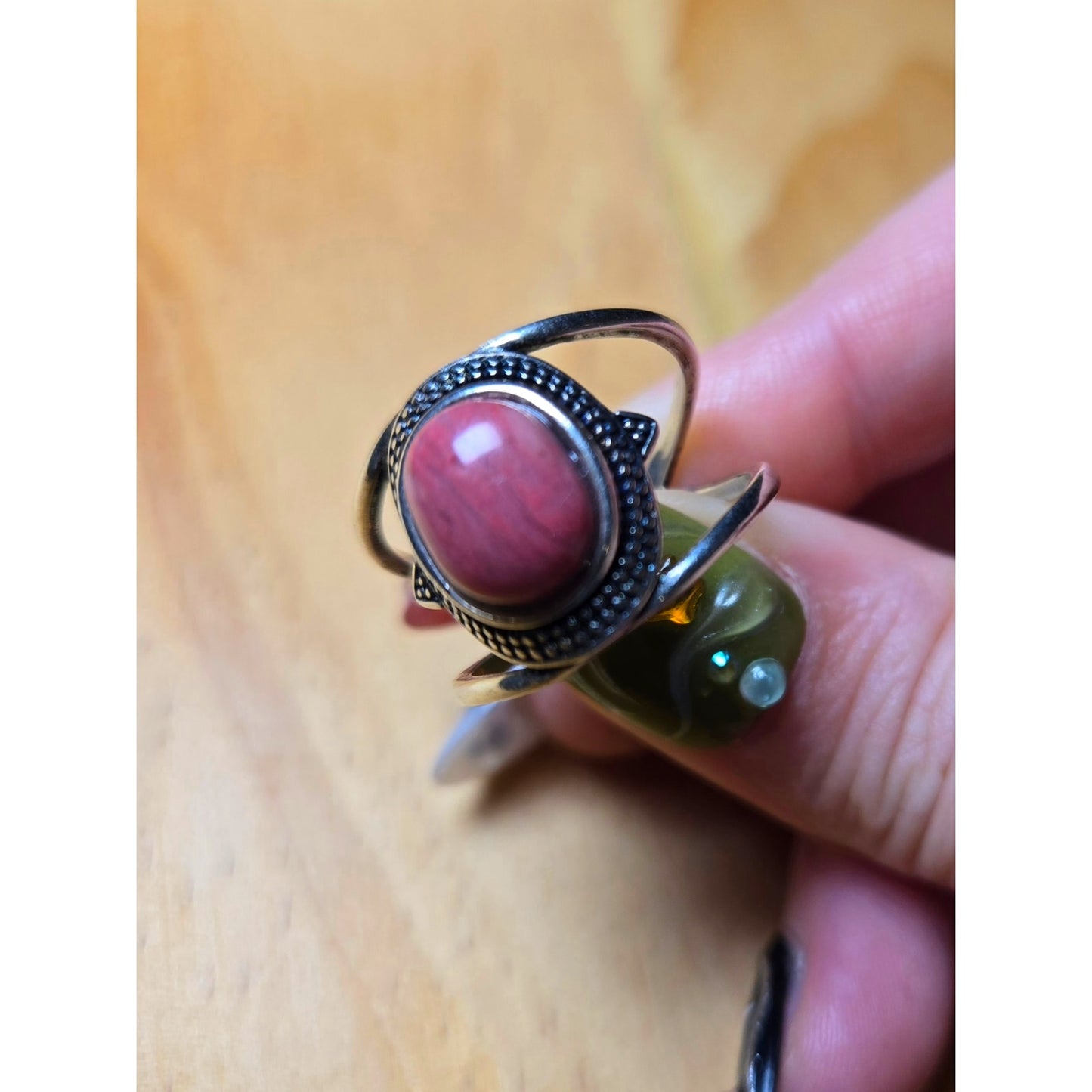 Size 9 Rhodochrosite Oval Stone Ring Pink Gemstone Statement Ring Silver Tone
