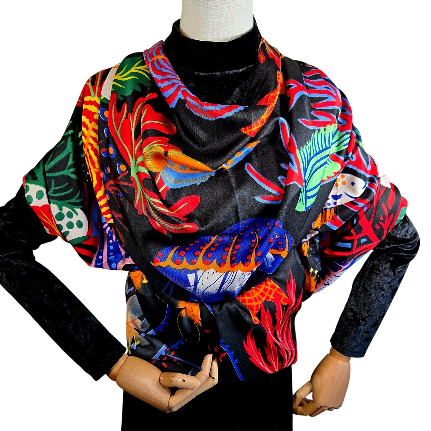 Oversized Silk-Feel Ocean World Scarf – Jellyfish & Coral Reef Print