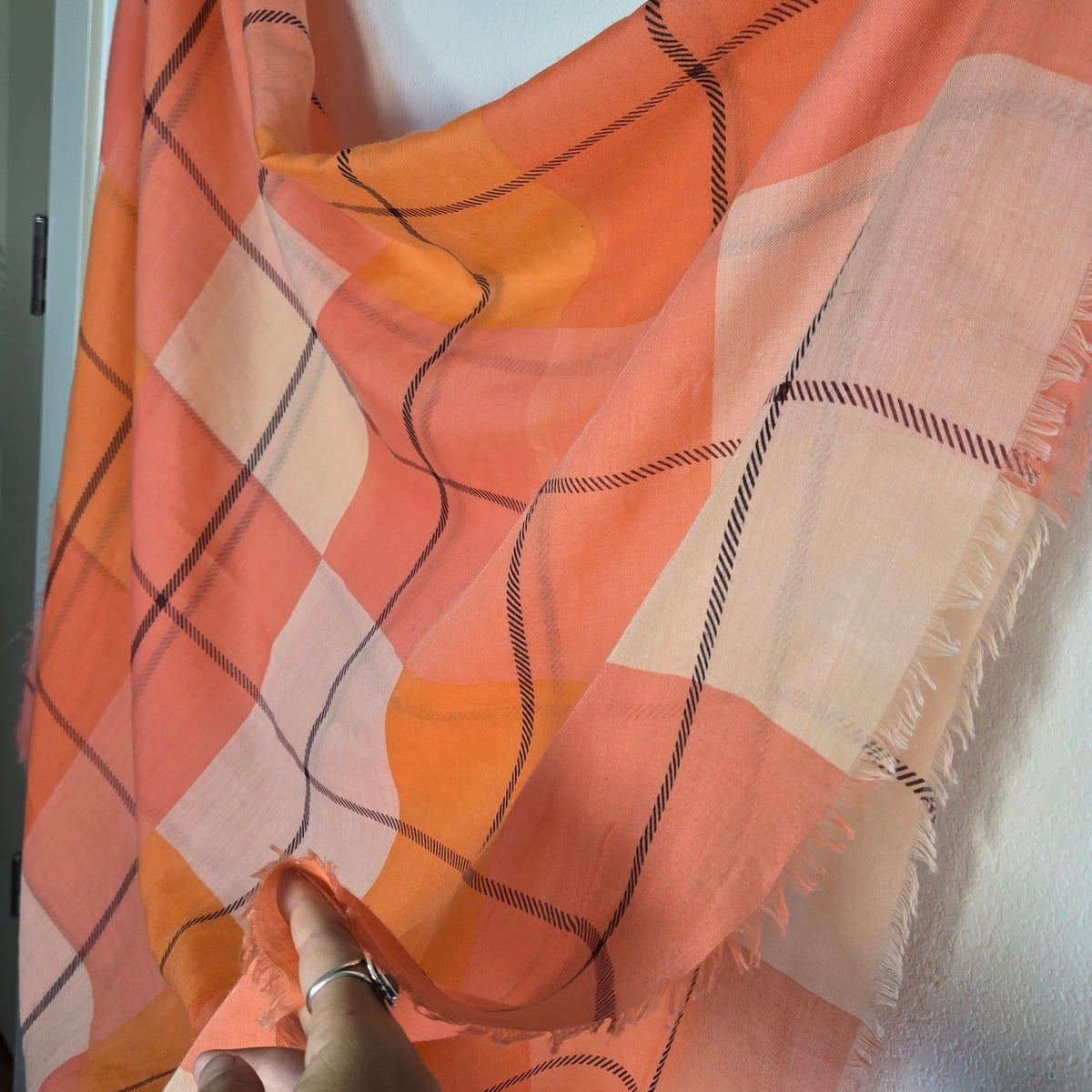 Sunset Plaid Lightweight Scarf – Oversized Peach Coral Check Wrap 40x70”