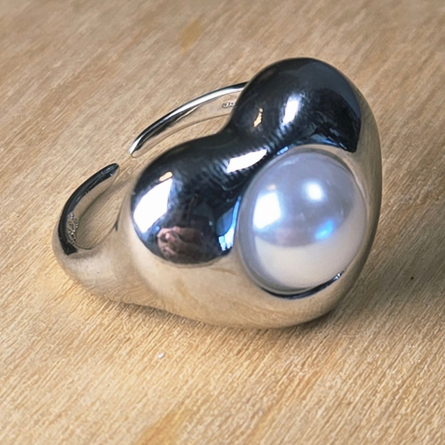 Adjustable | Modern Sculpted Heart Ring with Pearl Center