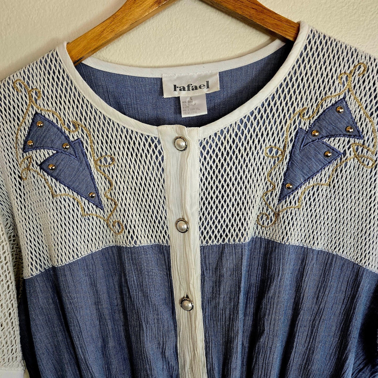 Size L – Vintage 1980s Raphael Denim Blue & White Mesh Romper
