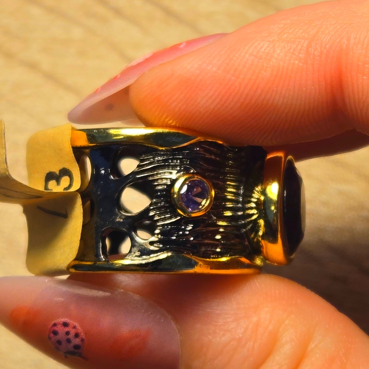 Size 10 Gold and Chrome Toned Round Cut Amethyst Style Ring